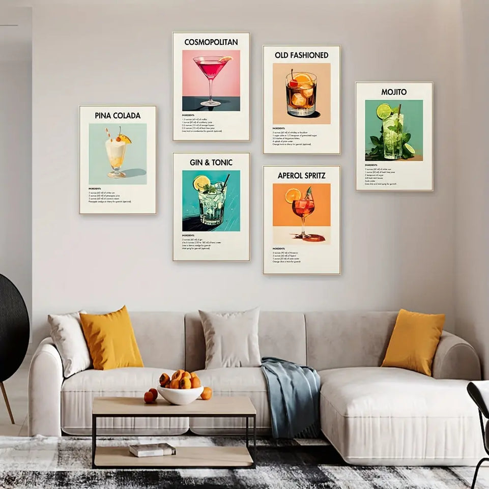 Set of 6 Vintage Cocktail Poster Set - Colorful Canvas Prints for Bar Cart Decor, Aesthetic College Apartment Wall Art, Trendy Drink Recipe Pictures, Unframed and Ready to Hang June Wall Art