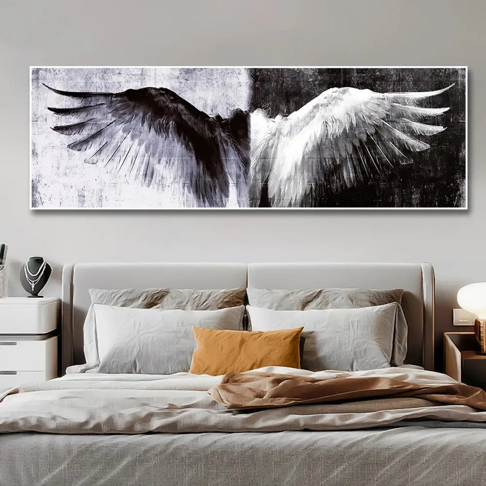 Stunning Modern Black and White 1pc Angel Wings Canvas Art - Wall Decor for Home and Office June Wall Art