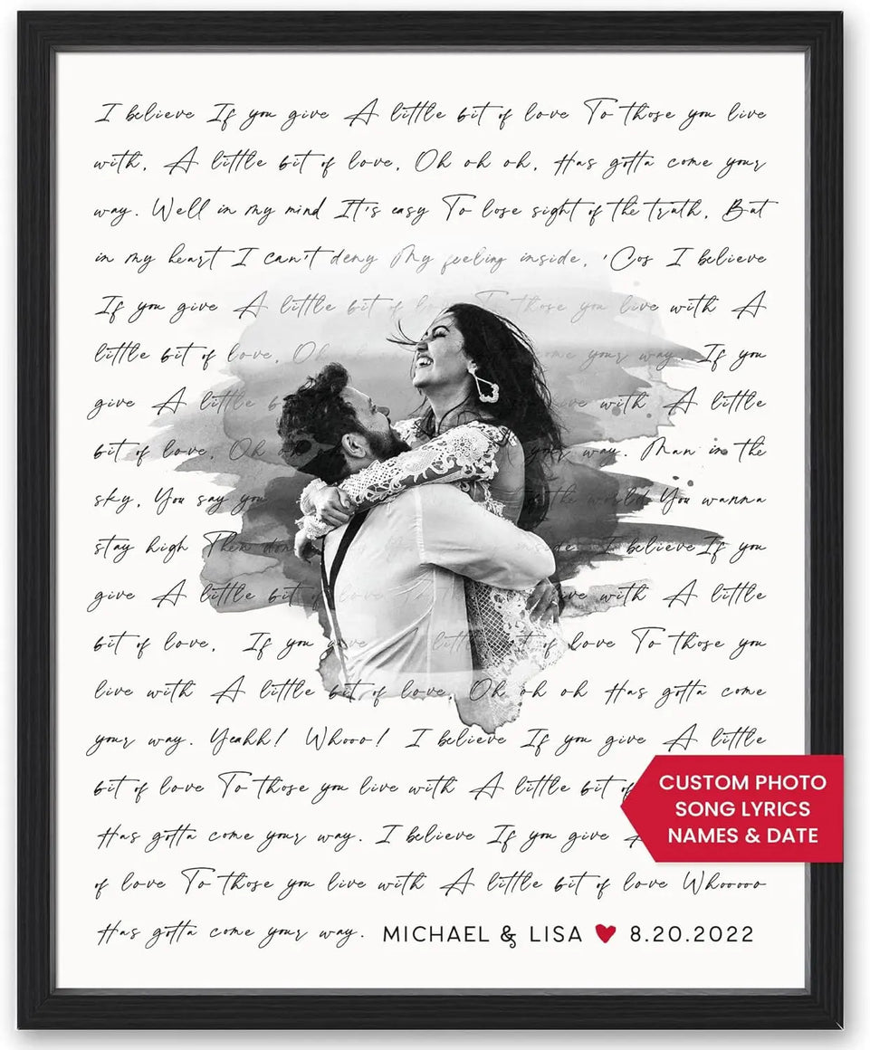Personalized Song Lyrics Wall Art - Custom Wedding Photo Couples - Anniversary Wedding Gift for Him or Her - Wedding Song Lyrics - Valentines Gift for Wife or Husband - Canvas and Framed Options https://www.amazon.com/dp/B0BLRBG2HL