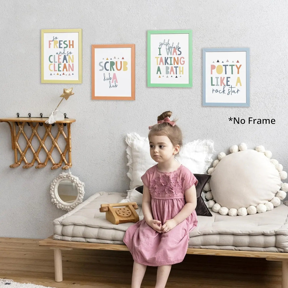 So Fresh and Clean Colorful Bathroom Art Poster Prints for Home Kid Washroom Restroom Nursery Toilet Laundry Decor,Funny Bathroom Rules Word Art Decorations Prints Wall Art Unframed 4pcs 8x10inches https://www.amazon.com/dp/B0BY6BBXTF