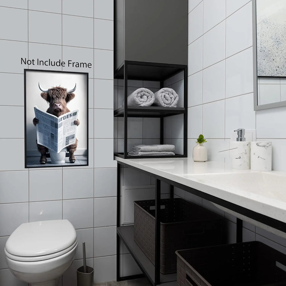 Funny Highland Cow Wall Art Canvas Bathroom Picture, Humor Animals Bathroom Artwork Prints, Rustic Farmhouse Wall Decor for Living Room, Bathroom, Bedroom, Kids Bathroom Decor (12x18inch,Unframed) https://www.amazon.com/dp/B0C5Y37B9J