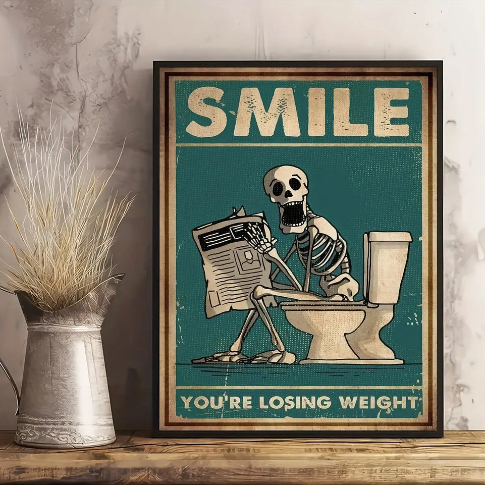 1pc Vintage Skeleton Reading Newspaper Canvas Poster - Humorous "Smile You're Losing Weight" Wall Art, Retro Teal Decor for Living Room, Unframed, Indoor Decor|Vintage Poster|Printed Wall Art, Vintage Wall Art June Wall Art