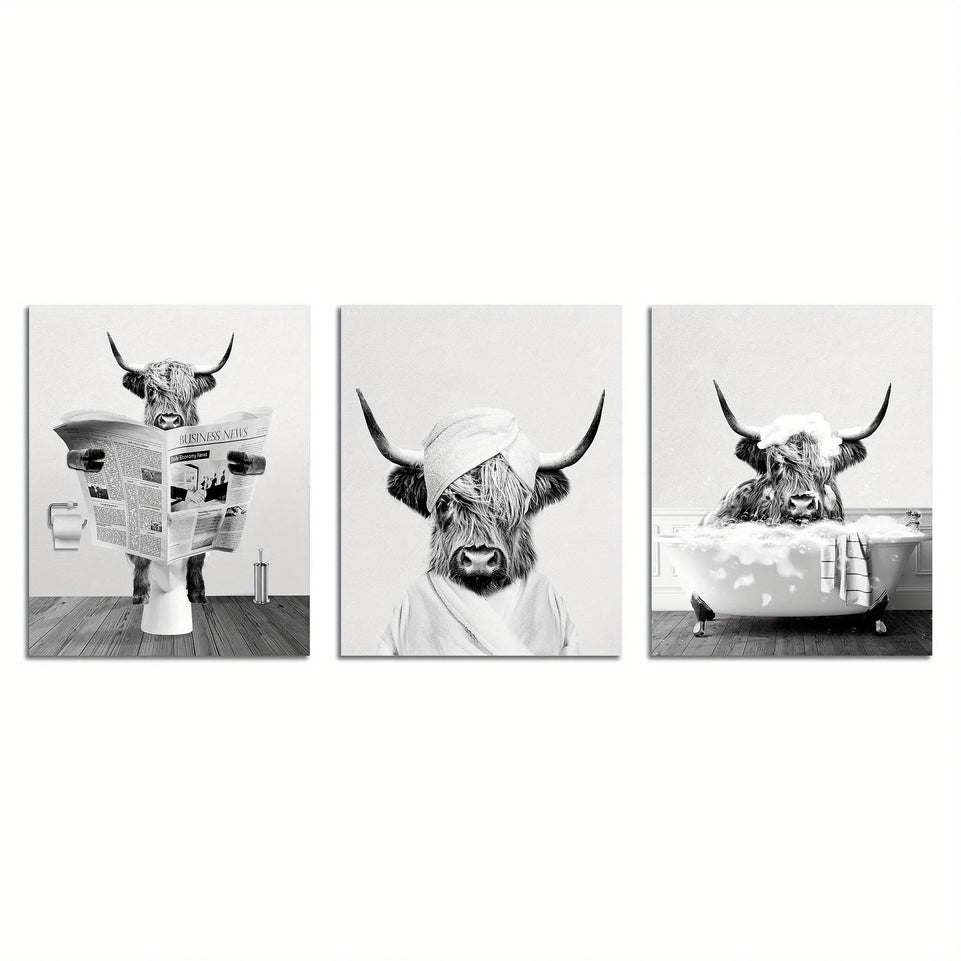 3pcs/set Funny Highland Cow Wall Art In Bathtub, Black And White Canvas Cow In Bathroom Picture, Humor Animals Bathroom Artwork Prints Rustic Farmhouse Style Wall Decor For Living Room,Bedroom, Kids Bathroom Decor, 12x16 Inch June Wall Art