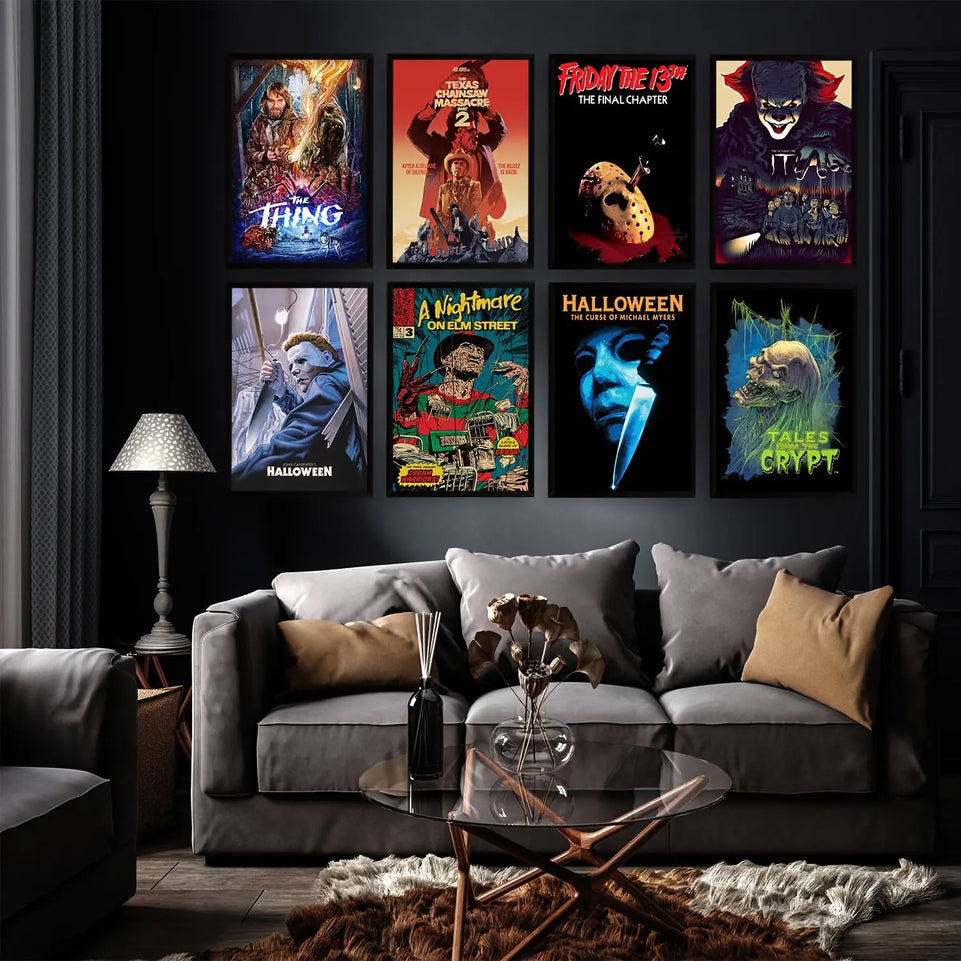 8pcs Unframed Halloween Vintage Horror Movie Posters Set, Classic Scary Movie Art Prints Horror Movie Character Wall Art Posters, For Home Living Room Bedroom Man Cave Theater Decor June Wall Art