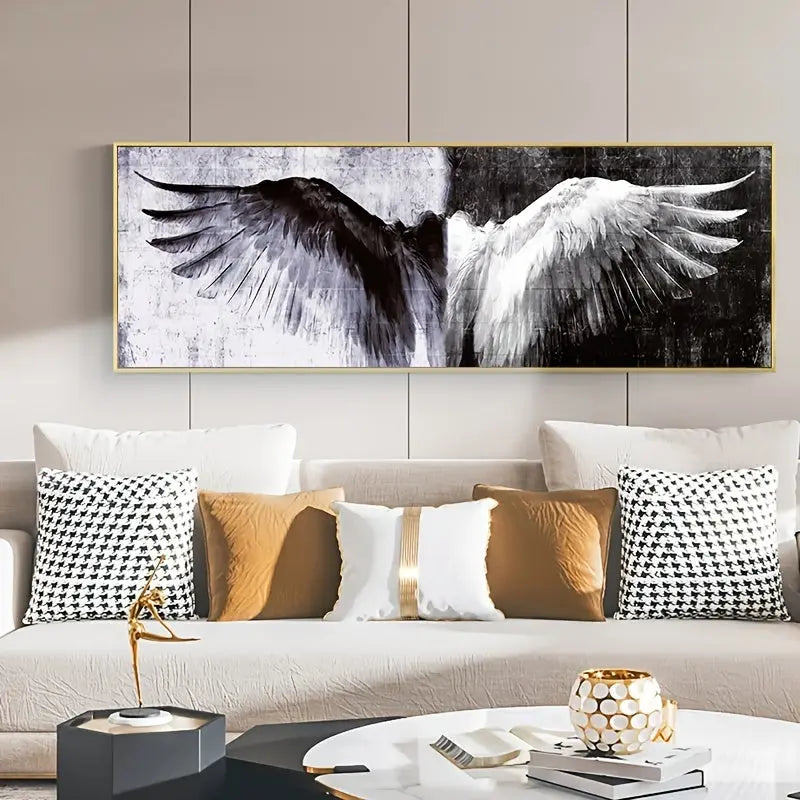 Stunning Modern Black and White 1pc Angel Wings Canvas Art - Wall Decor for Home and Office June Wall Art