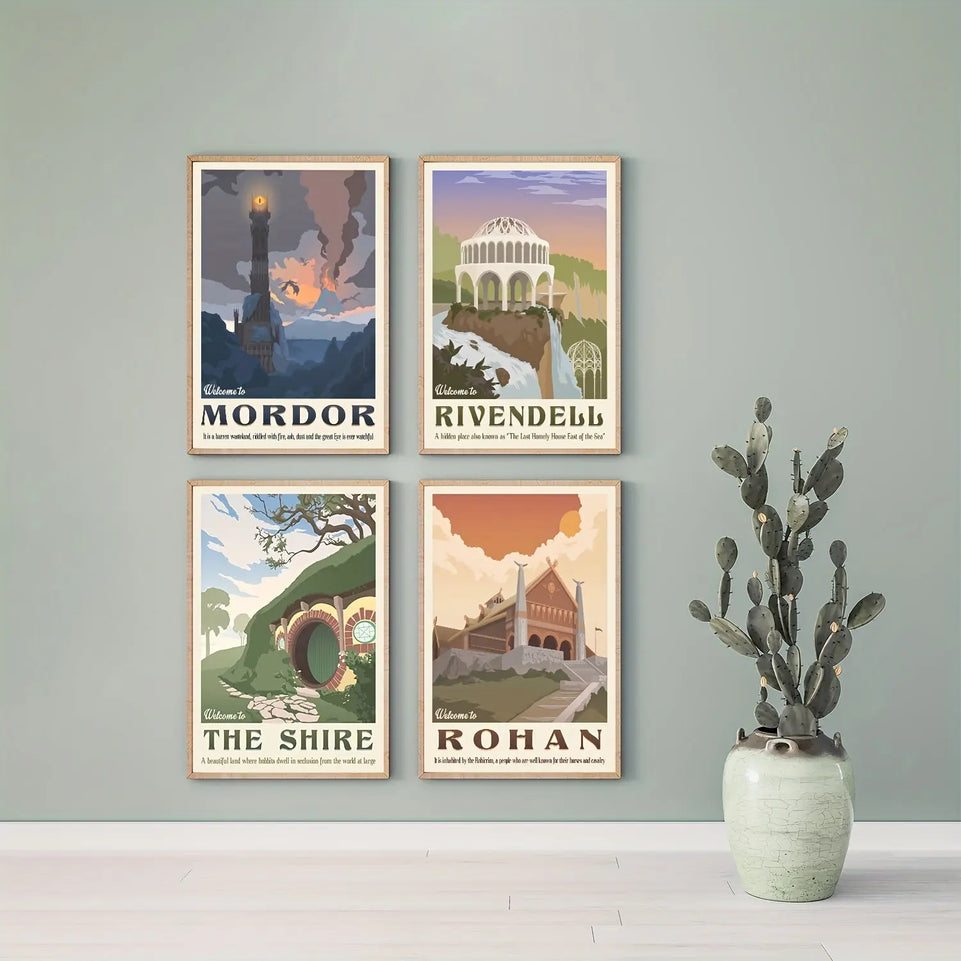 4pcs Middle Earth Landscape Canvas Wall Art Paintings - Lord of the Rings Decorative Painting for Living Room, Bedroom, Bathroom, Office, Kitchen - No Frames Required June Wall Art