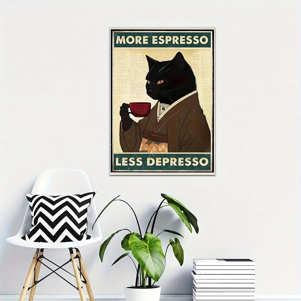 Whimsical Black Cat Coffee Poster - Ready-to-Hang Wall Art Canvas Painting with Framed - Unique Bar Club Pub Decoration Gift for Friends and Coffee Lovers - Humorous Artwork for Coffee Shops and Homes June Wall Art