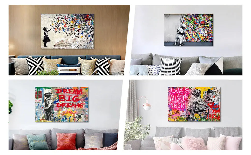 Yatsen Bridge Classic Street Art Banksy Graffiti Wall Art Behind The Curtain Posters Canvas Paintings Colorful Graffiti Pictures Prints Framed for Living Room Home Decor(36''W x 24''H) https://www.amazon.com/dp/B07ZVHB9FP