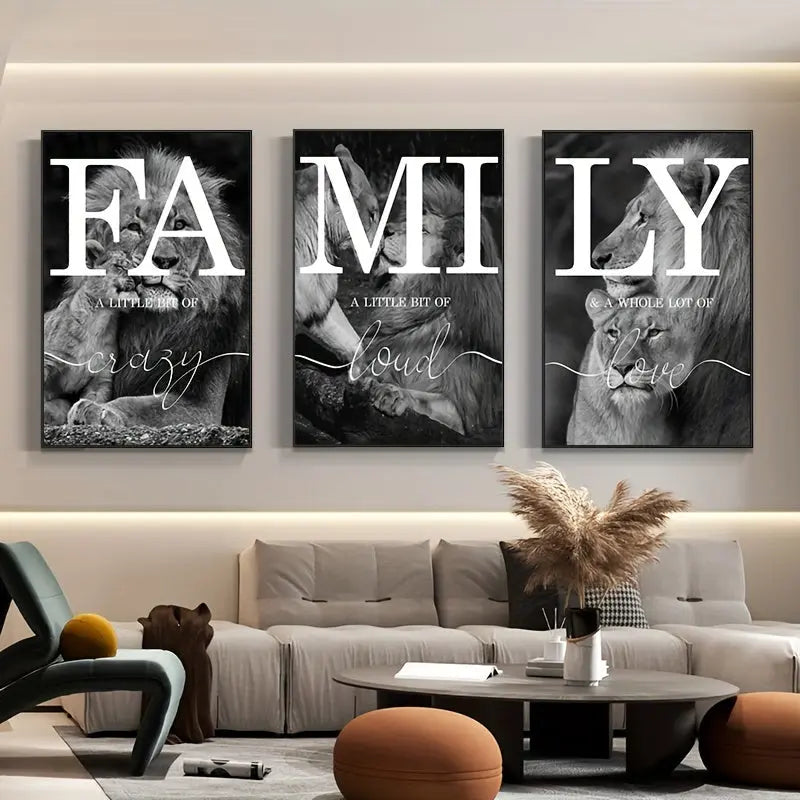 3pcs Unframed Black And White Lion Family Quote Home Signs Canvas Painting, Poster And Prints Animal Wall Art, Living Room Decoration Bedroom Home Decor Picture June Wall Art
