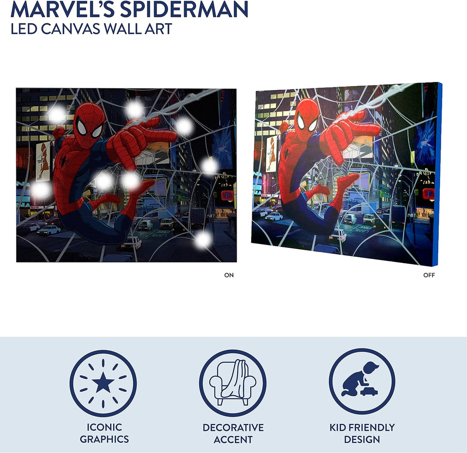 Idea Nuova Spider-Man LED Canvas Wall Art, Children's Home Décor, Bedroom, Spiderman / Blue, 11.50" x 15.75" https://www.amazon.com/dp/B017EPF34G