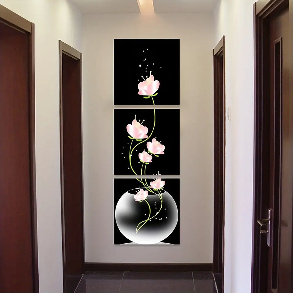 3pcs Elegant Pink Flower Canvas Prints Set - Frameless Square Wall Art with Sparkling Accents for Living Room & Entryway Decor, Machine-Printed on High-Quality Canvas, Elegant Wall Art|Minimalist Wall Art|Frameless Design, Ca June Wall Art