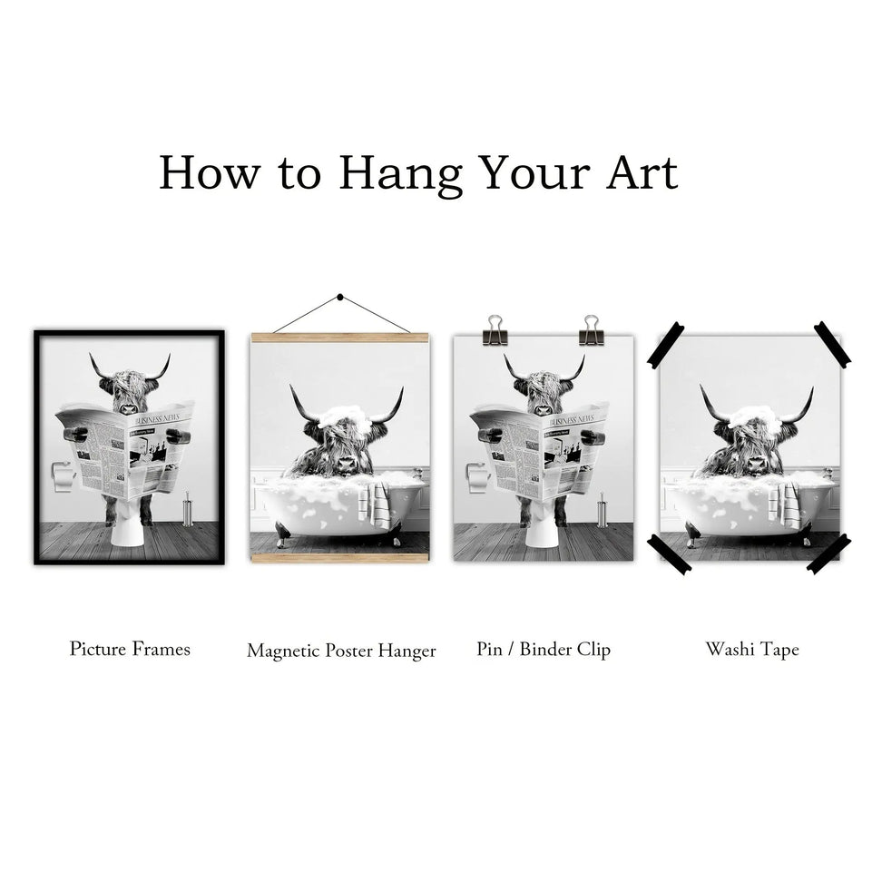 3pcs/set Funny Highland Cow Wall Art In Bathtub, Black And White Canvas Cow In Bathroom Picture, Humor Animals Bathroom Artwork Prints Rustic Farmhouse Style Wall Decor For Living Room,Bedroom, Kids Bathroom Decor, 12x16 Inch June Wall Art