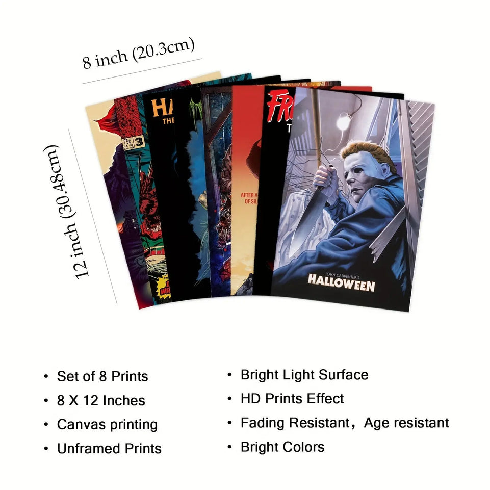 8pcs Unframed Halloween Vintage Horror Movie Posters Set, Classic Scary Movie Art Prints Horror Movie Character Wall Art Posters, For Home Living Room Bedroom Man Cave Theater Decor June Wall Art