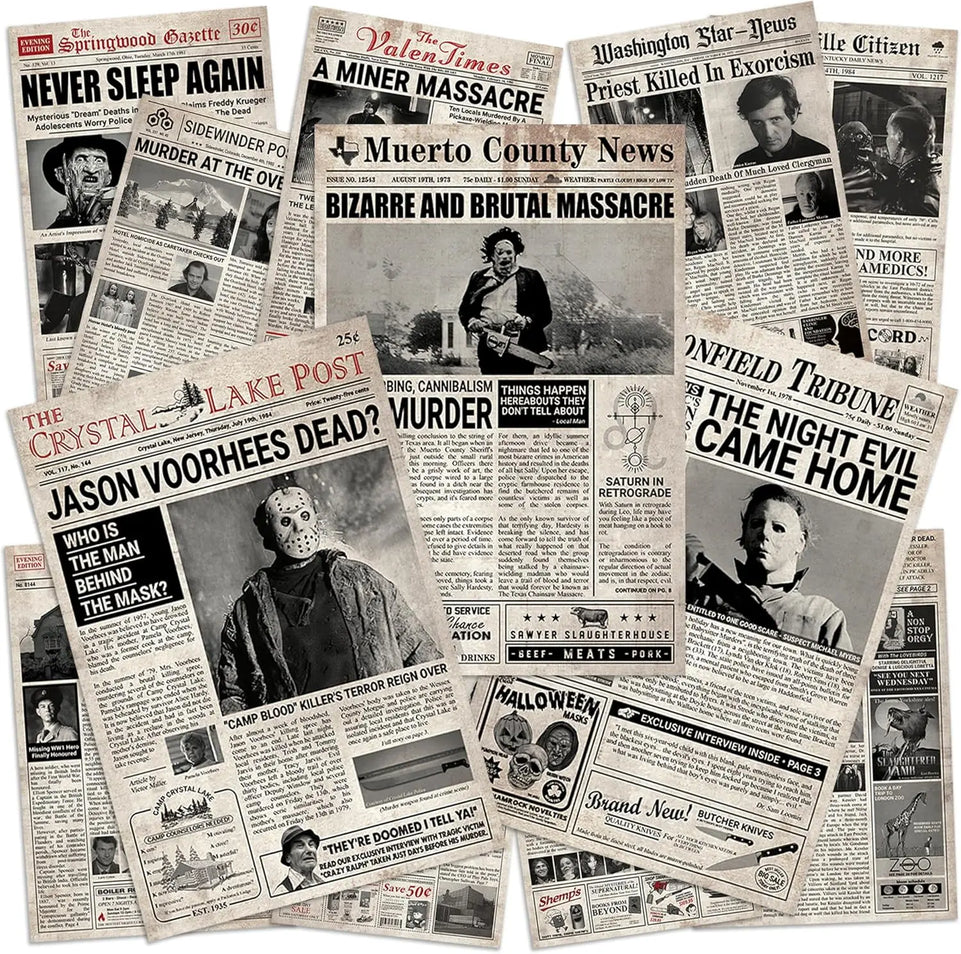 12 Pcs Newspaper Horror Posters (8”x12”), Horror Decor, Halloween Scary Movie Posters Wall Art Decor, Creepy Perfect Retro Bedroom And Vintage, Jason Voorhees, Ashy Slashy - Unframed https://www.amazon.com/dp/B0D83RR9MC