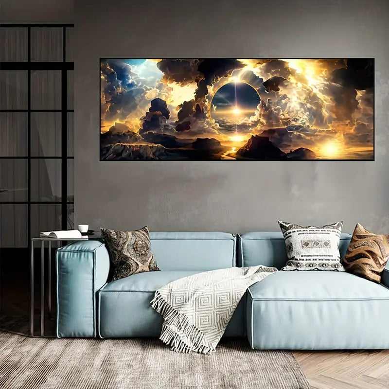 1pc Stunning Modern Art Canvas Print - Dramatic Sky with White Clouds & Mountain Landscape, Frameless Oil Painting for Living Room, Bedroom, Home Office Decor - Abstract Nature-Inspired Wall Art June Wall Art