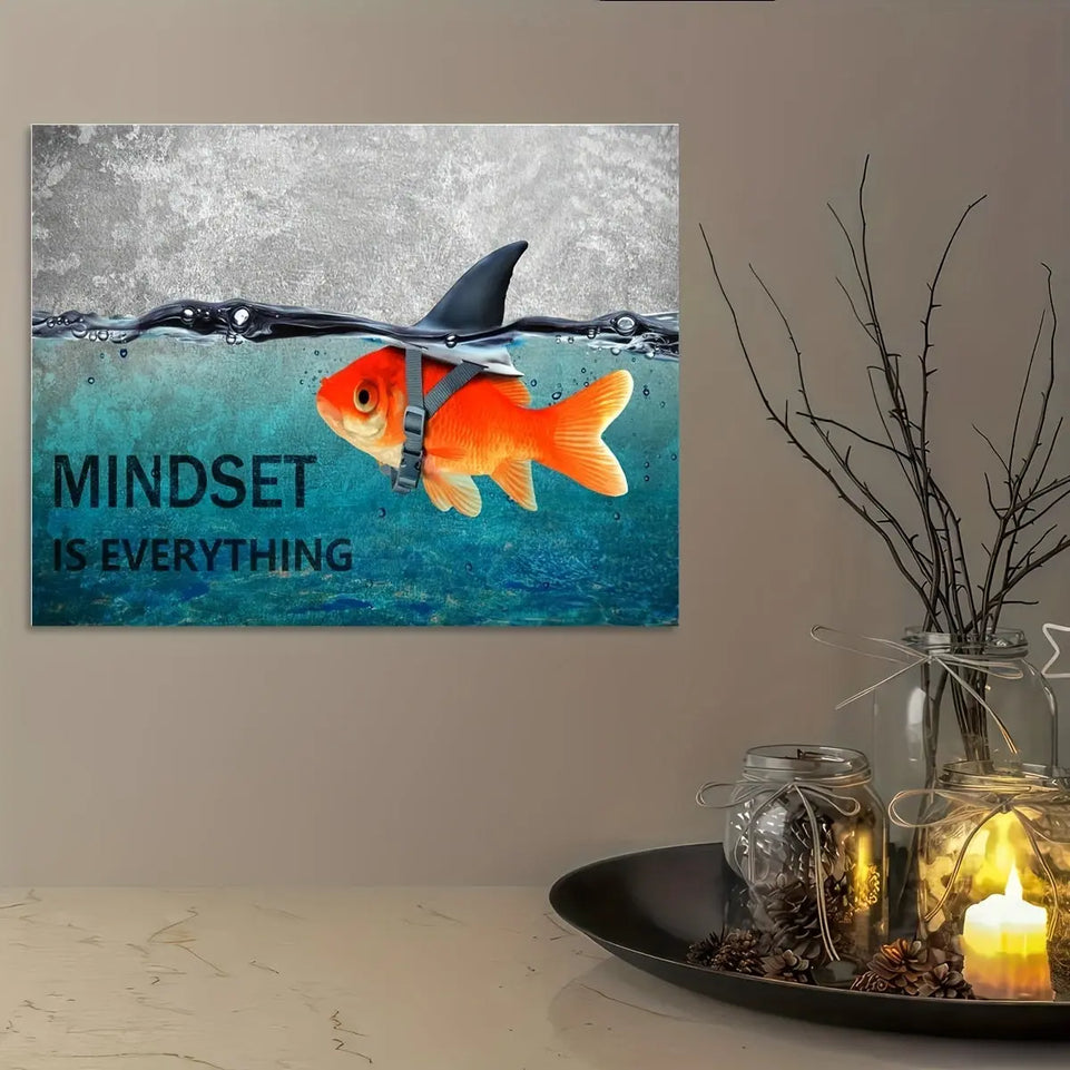 Mindset is Everything" - Motivational Canvas Wall Art with Blue Goldfish & Shark, Frameless Inspirational Quote Poster for Office, Bedroom, Bathroom Decor | Modern Minimalist Design, Indoor Use, Motivational Wall Art June Wall Art