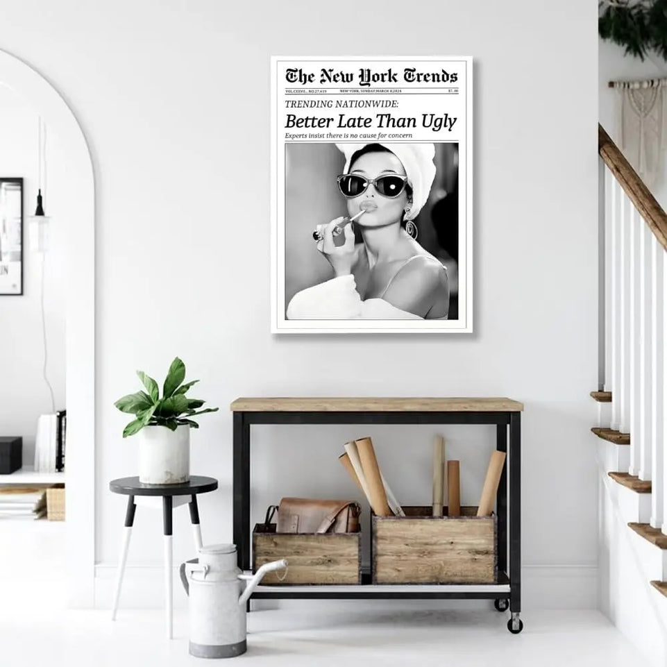 Newspaper Wall Art Canvas Prints Vintage Black and White Better Late Than Ugly Decor Poster Funky Feminist Posters Trendy College Wall Decor for Girly Dorm Room Bathroom Wall Decor 8x12inch Unframed https://www.amazon.com/dp/B0DHYCHY7C