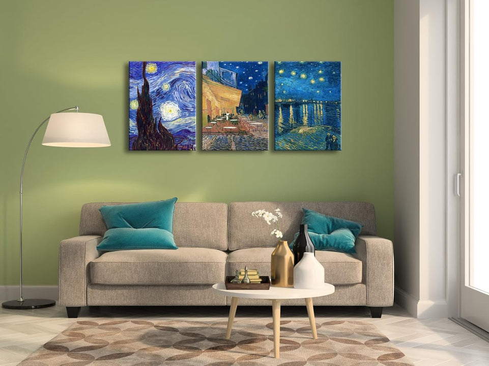 Wieco Art 3 Panels Canvas Prints of Vincent Van Gogh Paintings Reproduction Starry Night Over the Rhone Cafe Terrace at Night Canvas Wall Art for Living Room Home Office Decor https://www.amazon.com/dp/B0C33BG7JC