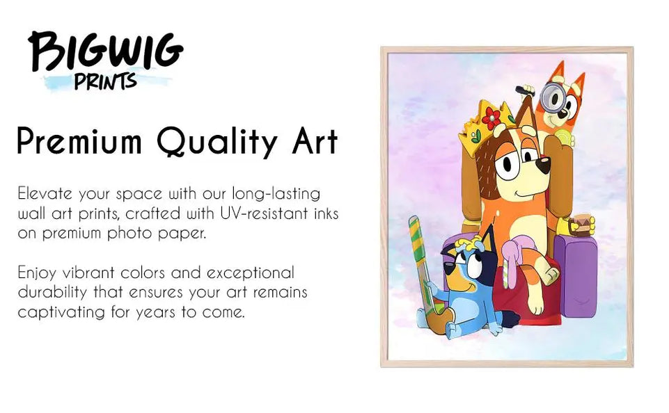 BigWig Prints Bluey Poster - Bluey Room Decor, Posters for Boys Room, Kids Wall Art for Bedroom, Toddler Wall Art, Cartoon Artwork for Nursery Decor, Kids Cartoon Prints - Set of 6 (8x10”) Unframed https://www.amazon.com/dp/B0CMDGDXH7