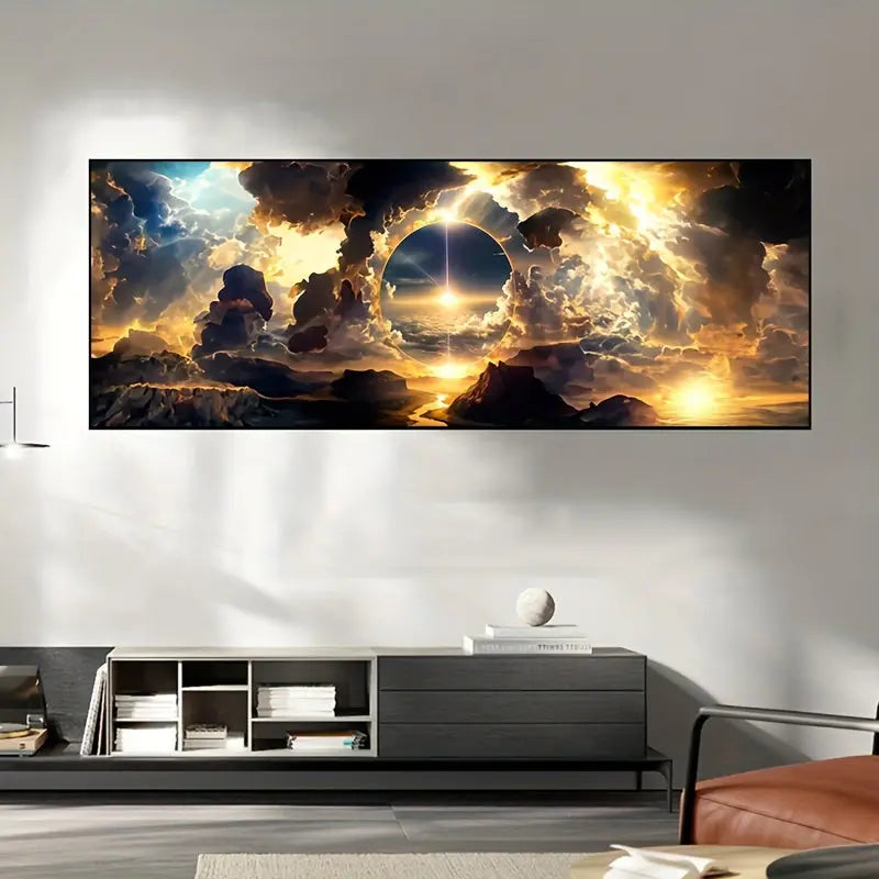 1pc Stunning Modern Art Canvas Print - Dramatic Sky with White Clouds & Mountain Landscape, Frameless Oil Painting for Living Room, Bedroom, Home Office Decor - Abstract Nature-Inspired Wall Art June Wall Art
