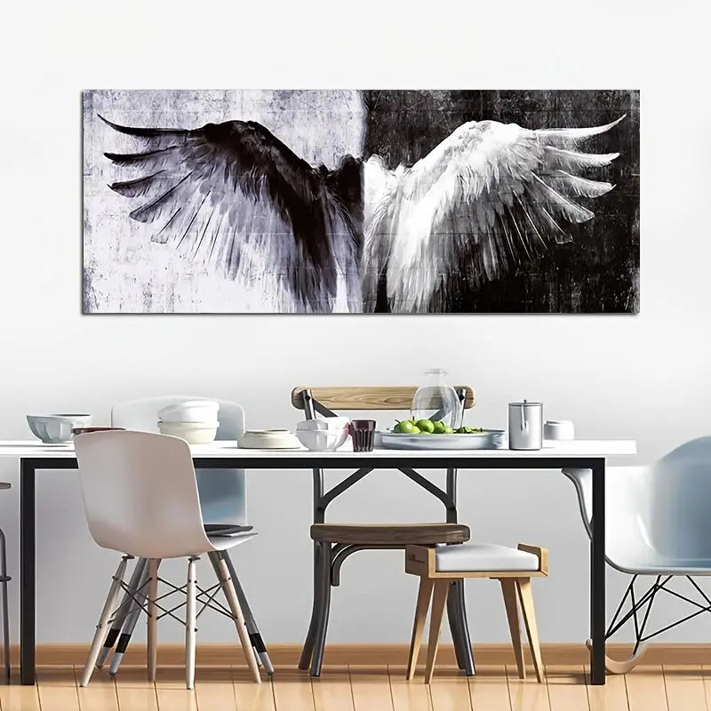 Stunning Modern Black and White 1pc Angel Wings Canvas Art - Wall Decor for Home and Office June Wall Art