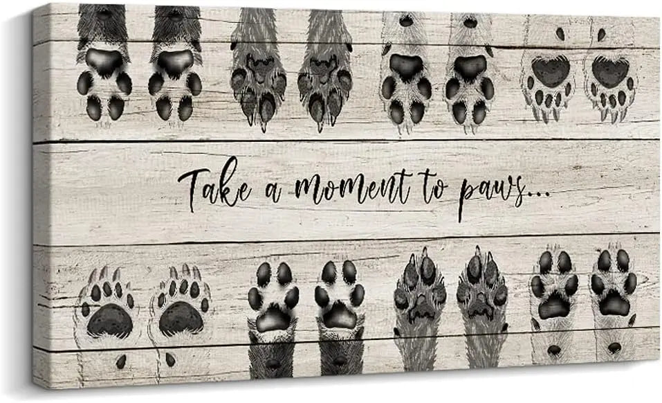 ARTINME Dog Lover Sign Wall Decor,Take A Moment to Paws sign Pet Paw Print Artwork Footprints Canvas Wall Art,Framed Animal prints Puppy Gifts for Front Door home decoration (Black) https://www.amazon.com/dp/B09FLQ57SP