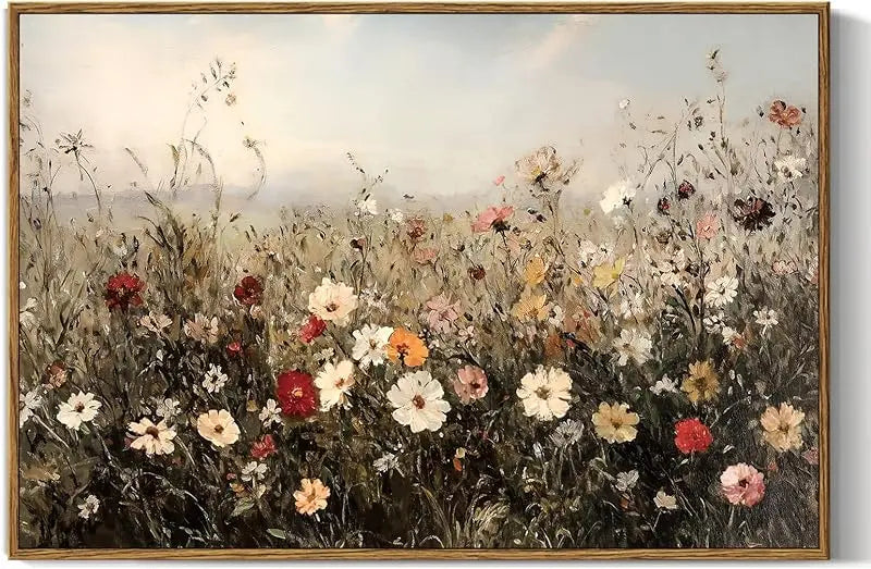 InSimSea Framed Wall Art for Living Room Landscape Canvas Wall Decor Meadow with Flowers Vintage Paintings Classical Wildflower Field Scene Boho Floral Pictures Decor Gifts for Bathroom Bedroom 8x10in https://www.amazon.com/dp/B0D1YFGWX7