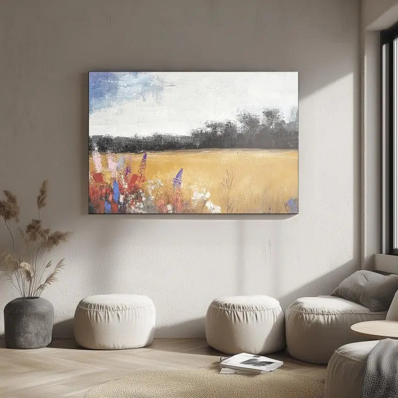 Abstract Wildflowers and Wheat Field Canvas Print - Colorful Landscape Wall Art for Modern Rustic Decor June Wall Art