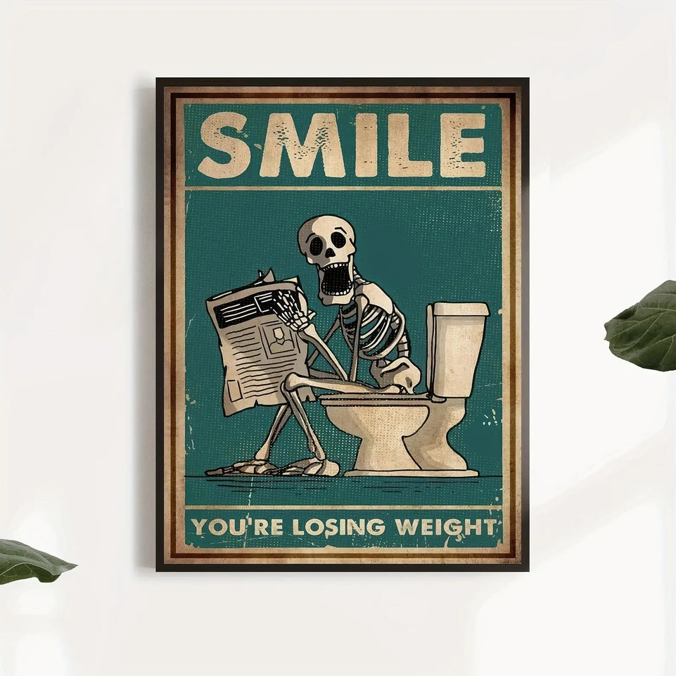 1pc Vintage Skeleton Reading Newspaper Canvas Poster - Humorous "Smile You're Losing Weight" Wall Art, Retro Teal Decor for Living Room, Unframed, Indoor Decor|Vintage Poster|Printed Wall Art, Vintage Wall Art June Wall Art