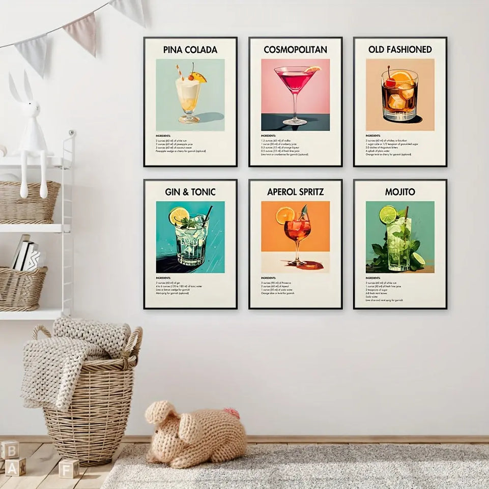 Set of 6 Vintage Cocktail Poster Set - Colorful Canvas Prints for Bar Cart Decor, Aesthetic College Apartment Wall Art, Trendy Drink Recipe Pictures, Unframed and Ready to Hang June Wall Art
