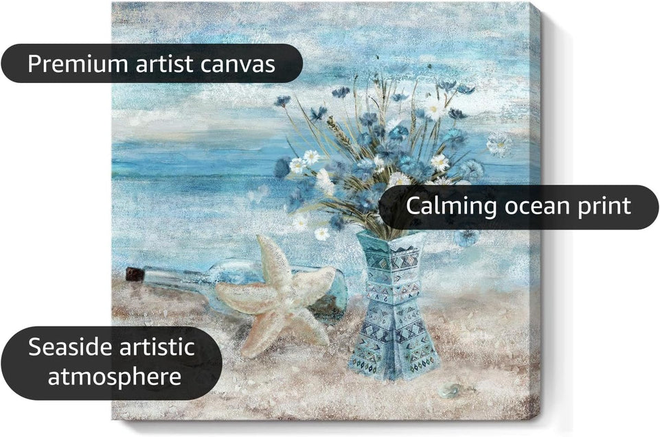 Bathroom Decor Wall Art Blue Beach Picture Ocean Theme Flower Canvas Print Modern Coastal Seascape Painting Framed Seaside Artwork Floral Daisy in Indian Vase for Home Sea Lake Bedroom 14x14inch https://www.amazon.com/dp/B08VH1FZV3