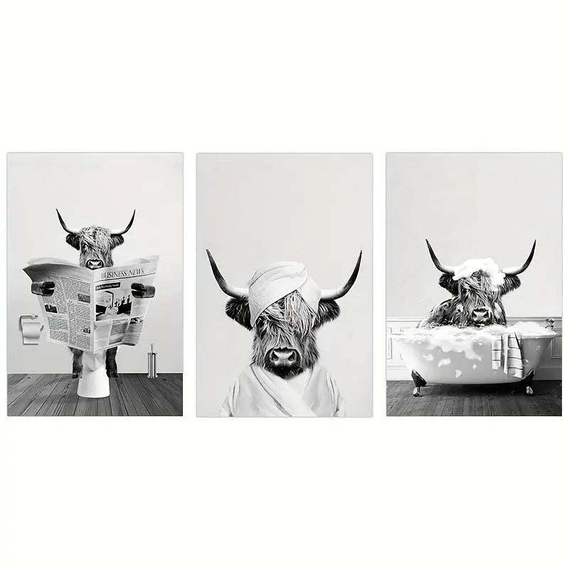 3pcs/set Funny Highland Cow Wall Art In Bathtub, Black And White Canvas Cow In Bathroom Picture, Humor Animals Bathroom Artwork Prints Rustic Farmhouse Style Wall Decor For Living Room,Bedroom, Kids Bathroom Decor, 12x16 Inch June Wall Art