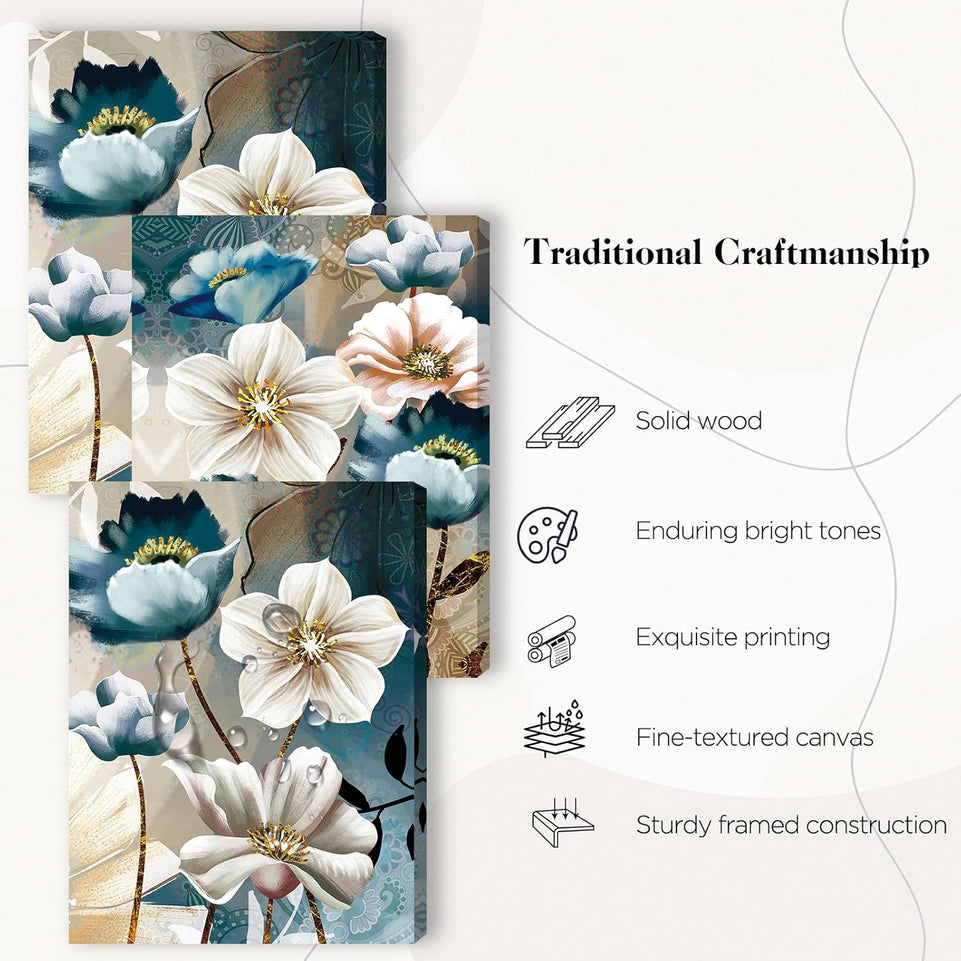SERIMINO 3 Piece Lotus Flower Canvas Wall Art for Living Room White and Indigo Blue Floral Picture Wall Decor for Dining Room Bedroom Bathroom Kitchen Print Painting for Home Decorations https://www.amazon.com/dp/B08VP27GL7