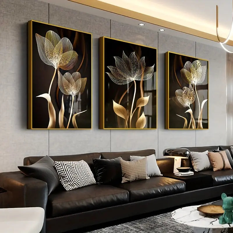 3pcs Unframed Poster, Black And Golden Flower Wall Art Canvas Painting For Living Room Decor - Modern Abstract Design, 15.7x23.6in/40x60cm June Wall Art
