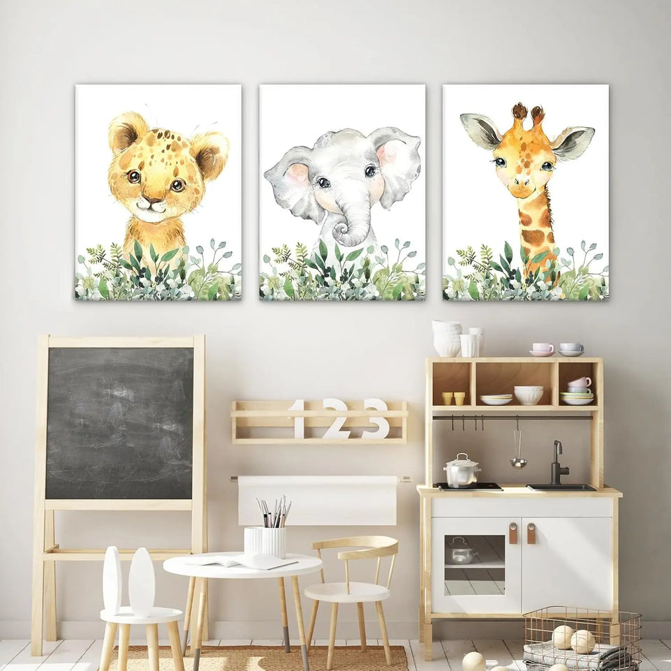 Baby Safari Nursery Wall Decor - Set of 3 Pictures Cute Animal Wall Prints on Canvas Jungle Nursery Safari Decor gifts for Baby Boys and Girls Room, Framed Wall Art (12 x16inch) https://www.amazon.com/dp/B0CLW97SF5