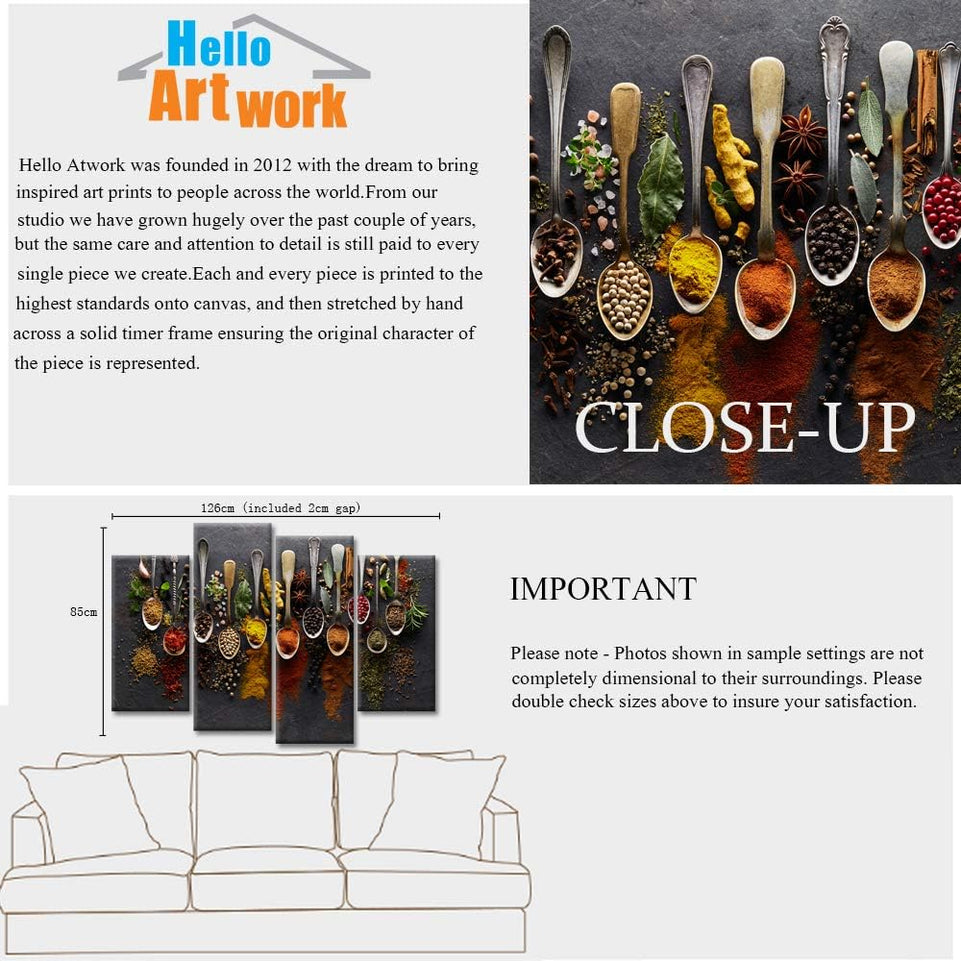 iHAPPYWALL Kitchen Pictures Wall Decor 4 Pieces Couful Spice in Spoon Vintage Canvas Wall Art Food Photos Painting On Canvas Stretched Framed Home Decoration Gift Ready to Hang https://www.amazon.com/dp/B07J9ZB4JD
