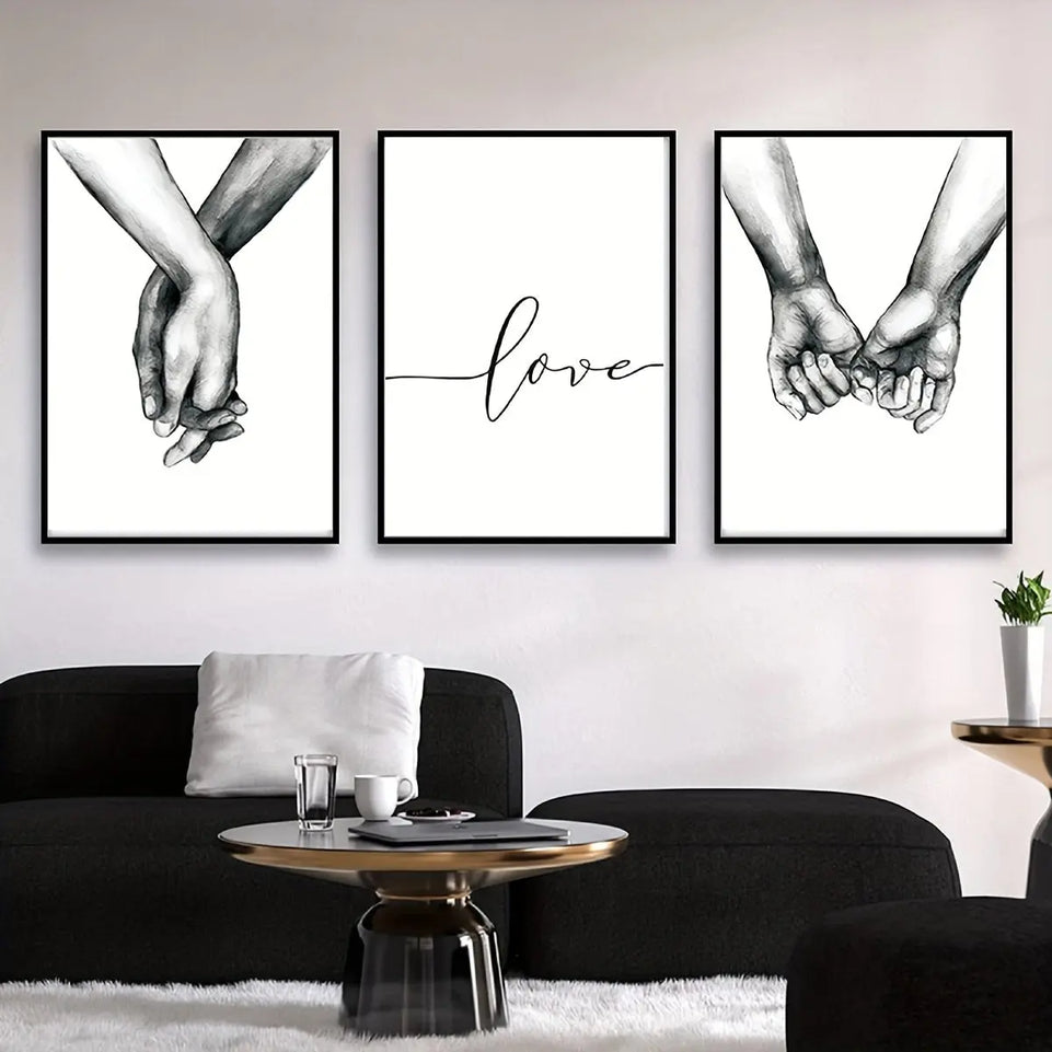 3pcs, Love And Hands Black And White Wall Decoration, Canvas Painting Wall Art, Room Decor, Home Decor, Holiday Decor, Bedroom Decor, Living Room Decor, Entrance Decor, Background Decor, Wall Decor (No Frame) June Wall Art