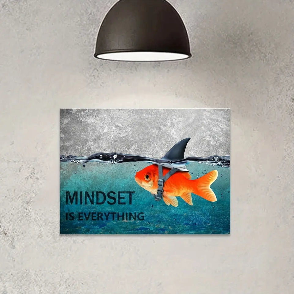 Mindset is Everything" - Motivational Canvas Wall Art with Blue Goldfish & Shark, Frameless Inspirational Quote Poster for Office, Bedroom, Bathroom Decor | Modern Minimalist Design, Indoor Use, Motivational Wall Art June Wall Art
