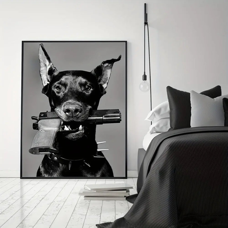 1pc Luxury Black and White Doberman and Gun Poster for Nordic Home Decor - Printed Canvas Wall Art Picture - 15.7x23.6in June Wall Art