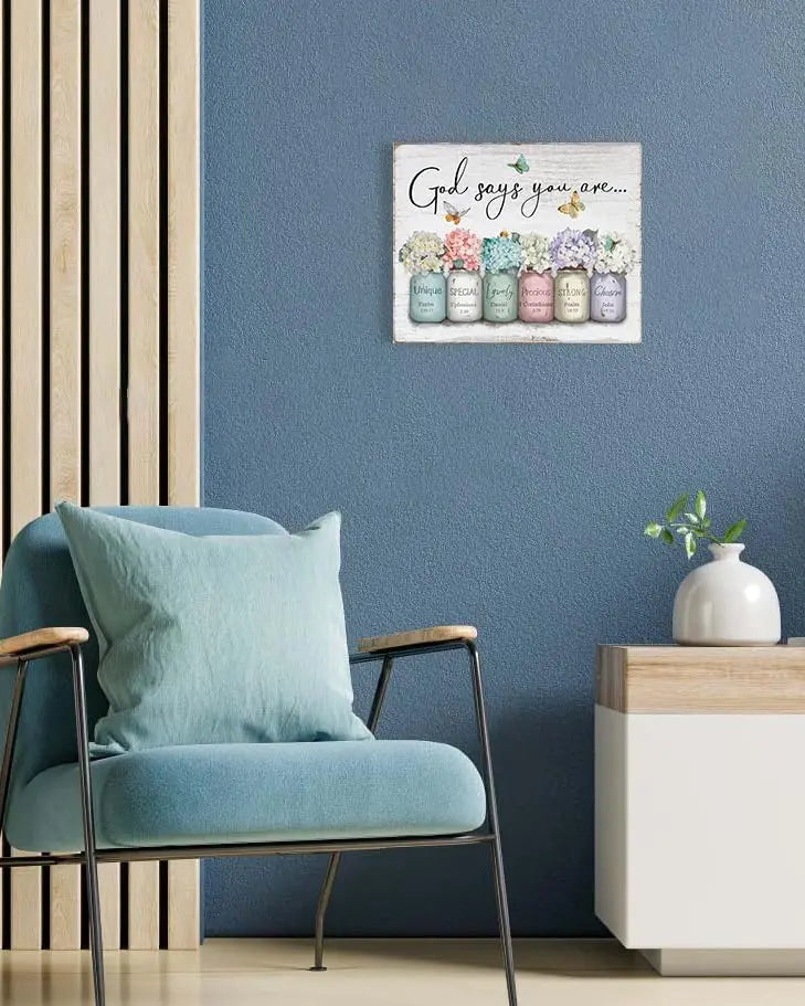 Inspirational Bible Verse Wall Art: God Says You Are Wall Sayings Flowers in Mason Jar Picture Print Christian Gift Quotes Poster for Women Girl Bedroom Decor 12" x 15" https://www.amazon.com/dp/B0C5R38HHX