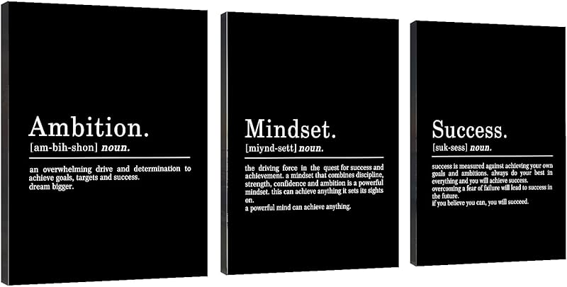 Framed Canvas Wall Art Success Quote For Office, Black Large Positive Motivational Poster, Set of 3, Execute Failure Definition, Inspirational Print (A-3pcs,12x16inchx3pcs) https://www.amazon.com/dp/B08CVF24C6