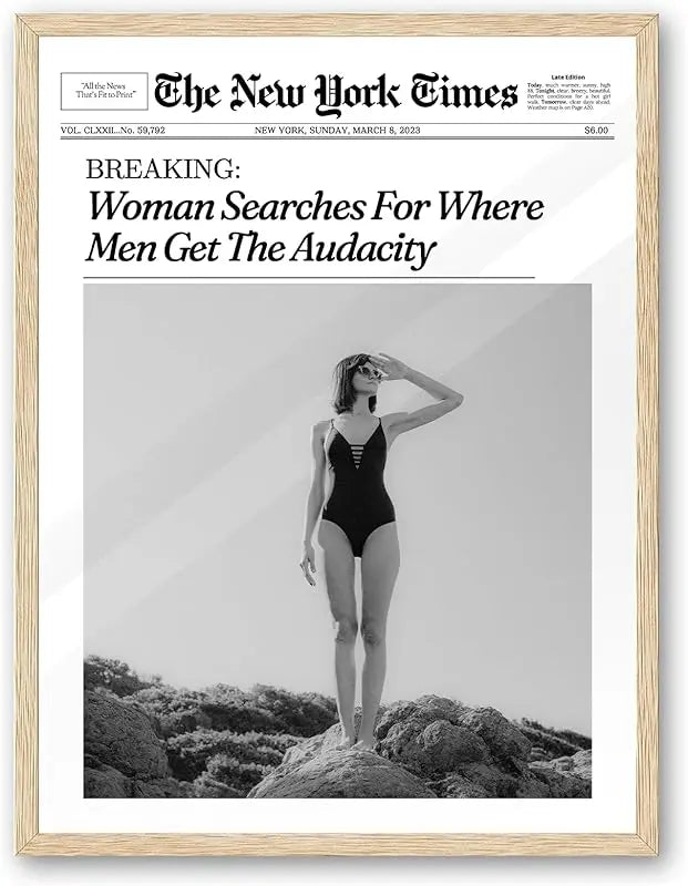 iHery Framed Trendy NewsPaper Wall Art,12x16in Canvas Wall Art,Beige Oak Wood Frame,Retro Vintage New York Magazine Headline News,Woman Searches For Where Men Get The Audacity,Bedroom Décor 1Pack https://www.amazon.com/dp/B0CH4DTS4L