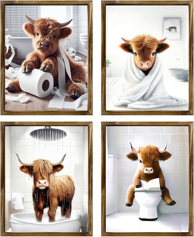 TWNSLLA Highland Cow Funny Bathroom Decor Wall Art,Bathroom Highland Cow Art Prints,Rustic Farmhouse Bathroom Wall Decor,Funny Bathroom Signs Animal Canvas Wall Art,UNFRAMED,8x10inchx4pcs https://www.amazon.com/dp/B0D2CRRJBZ