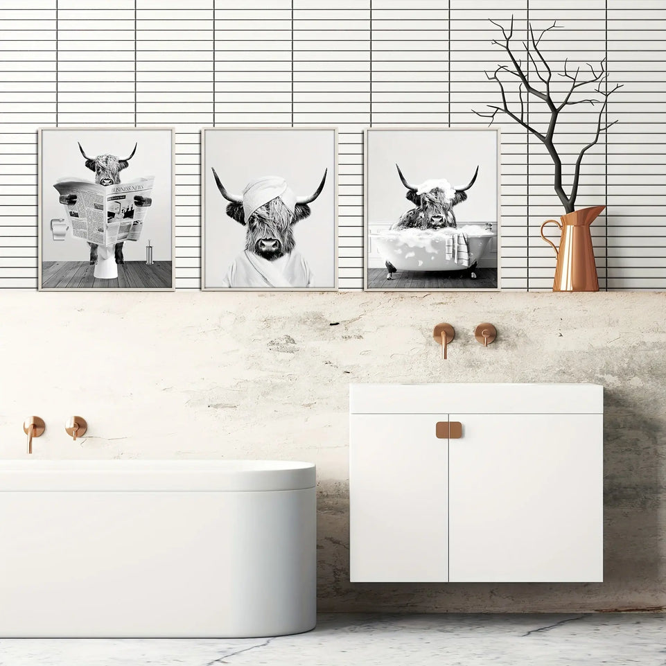 3pcs/set Funny Highland Cow Wall Art In Bathtub, Black And White Canvas Cow In Bathroom Picture, Humor Animals Bathroom Artwork Prints Rustic Farmhouse Style Wall Decor For Living Room,Bedroom, Kids Bathroom Decor, 12x16 Inch June Wall Art