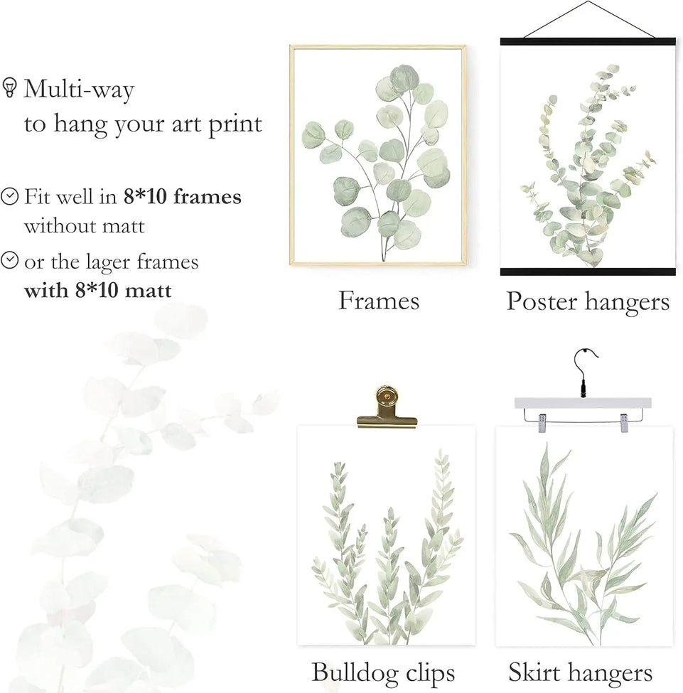 Botanical Boho Bathroom Decor Wall Art Prints, UNFRAMED Sage Green Plants Decor for Bedroom|Office, Minimalist Eucalyptus Leaves Watercolor Art Prints, Set of 4 Pictures, 8"x10" No Frames https://www.amazon.com/dp/B0923P4PCS