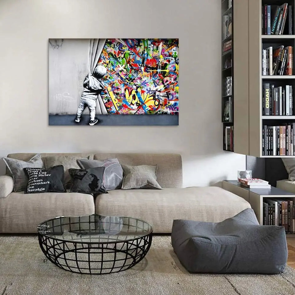 Yatsen Bridge Classic Street Art Banksy Graffiti Wall Art Behind The Curtain Posters Canvas Paintings Colorful Graffiti Pictures Prints Framed for Living Room Home Decor(36''W x 24''H) https://www.amazon.com/dp/B07ZVHB9FP