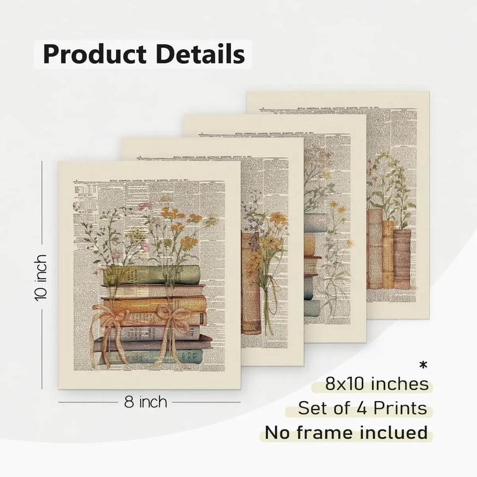 PLKMN Vintage Book Art Wall Decor 8x10, Book Club Decorations, Library Decor, Retro Floral Book Wall Art for Reading Room Classroom Nursery, Book Lovers Gifts, Set of 4 Unframed https://www.amazon.com/dp/B0CZQ3KRK9
