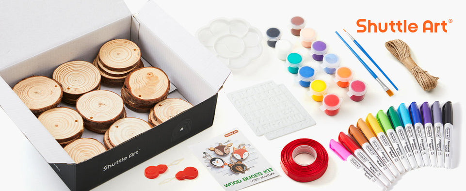 Wood Slices Kit, Shuttle Art 35 PCS Unfinished Natural Wood Slices with Pre-Drilled Hole, Acrylic Paint, Permanent Markers, Jute Twine, DIY Craft for Kids Adults Holiday Decoration Christmas Ornaments https://www.amazon.com/dp/B08FDGWSCW