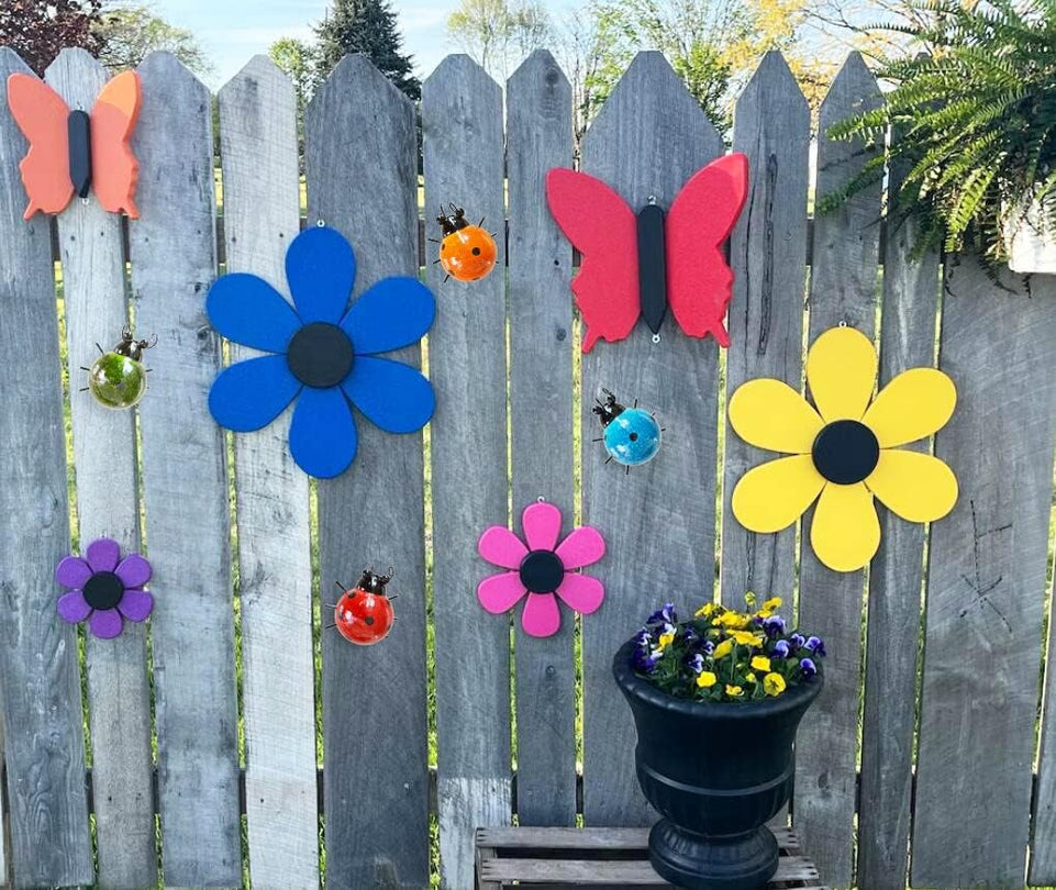 GIFTME 5 Metal Garden Wall Art Decorative Set of 4 Cute Ladybugs Outdoor Wall Sculptures https://www.amazon.com/dp/B07HF2Z653