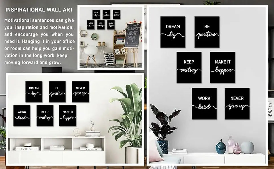 Drsoum Motivational Wall Decor Inspirational Office Wall Art Black Quotes Wall Art for Living Room Encouraging Canvas Posters for Office Bedroom Sayings for Wall Decor - 8” x10” x6 PCS (Framed) https://www.amazon.com/dp/B0C6LPVLRF